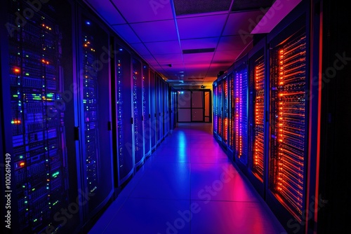 Illuminated server room with blue and red lights