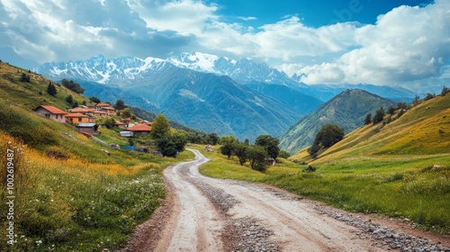 An off-road route in the Caucasus region that leads to a high mountain settlement