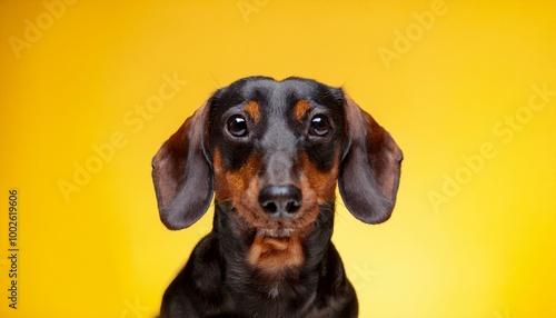 Cute Dachshund Dog Portrait. Photo Studio. Yellow Background.