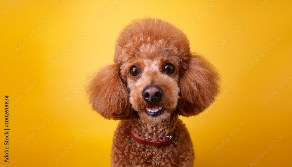 Cute Poodle Dog Portrait. Photo Studio. Yellow Background. Cute Poodle Dog Portrait. Photo Studio. Yellow Background.