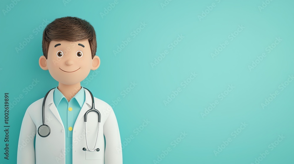 Kid doctor, stethoscope, playful hospital scene, 3D illustration Kid doctor, stethoscope, playful hospital scene, 3D illustration