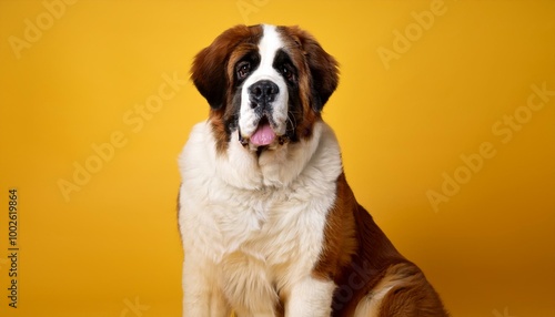 Adorable Saint Bernard Dog Portrait. Photo Studio. Yellow Background.