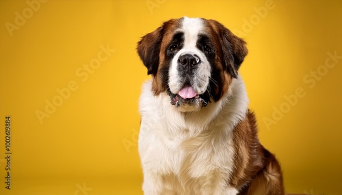Adorable Saint Bernard Dog Portrait. Photo Studio. Yellow Background.