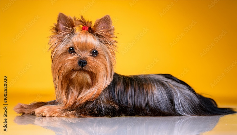 Cute Yorkshire Terrier Dog. Photo Studio. Yellow Background.