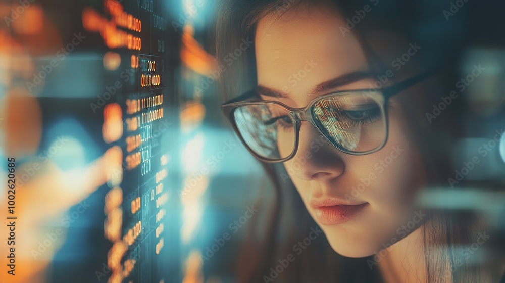 Beautiful young businesswoman in glasses taking notes in blurry office with double exposure of growing digital graph. Concept of trading and success. Toned image Beautiful young businesswoman in glasses taking notes in blurry office with double exposure of growing digital graph. Concept of trading and success. Toned image
