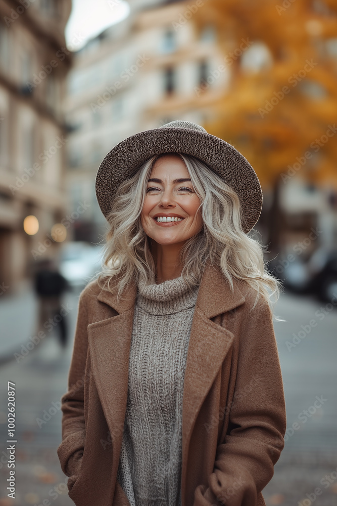 Chic Woman in a Hat Smiling Confidently in the City Chic Woman in a Hat Smiling Confidently in the City