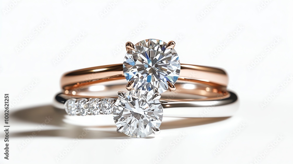 Elegant diamond rings showcasing sparkling gems set in rose and white gold, perfect for engagements or special occasions. Elegant diamond rings showcasing sparkling gems set in rose and white gold, perfect for engagements or special occasions.