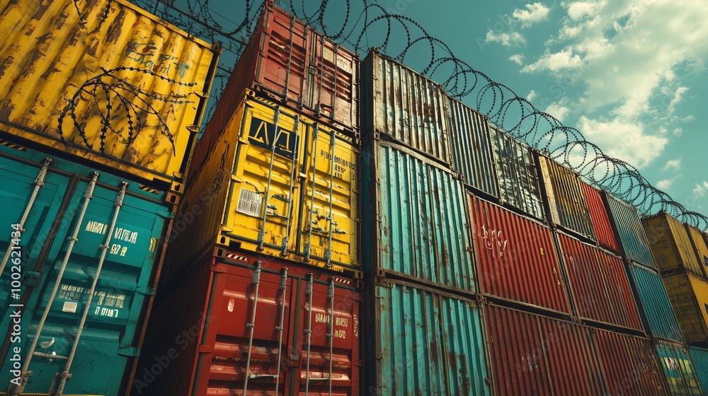 Fototapeta premium Colorful Cargo Containers Stacked Behind Barbed Wire