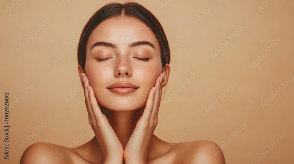 Beautiful young woman with clean fresh skin on beige background, Face care, Facial treatment, Cosmetology, beauty and spa, women portrait Beautiful young woman with clean fresh skin on beige background, Face care, Facial treatment, Cosmetology, beauty and spa, women portrait