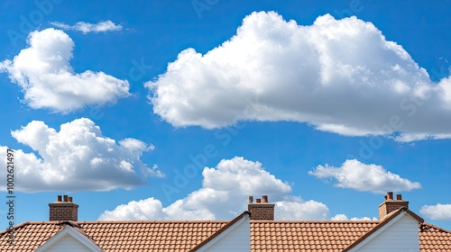 A sleek white house roof features neatly placed chimneys against a vibrant blue sky, exemplifying modern architecture and construction technique in a tranquil setting photo