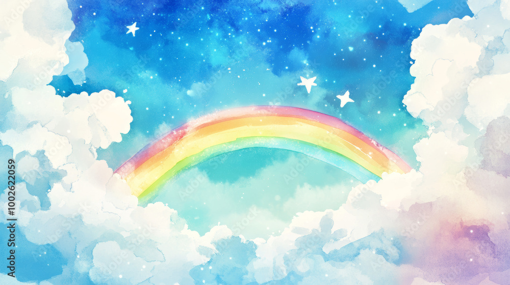 A picture painted with watercolors showing a soft rainbow, stars, and clouds. A picture painted with watercolors showing a soft rainbow, stars, and clouds.