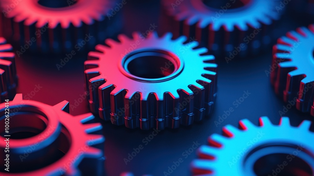 Interlocking Metal Gears in Blue and Red Light