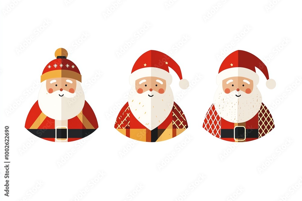 Three cheerful Santa Claus illustrations on a white isolated background. Three cheerful Santa Claus illustrations on a white isolated background.