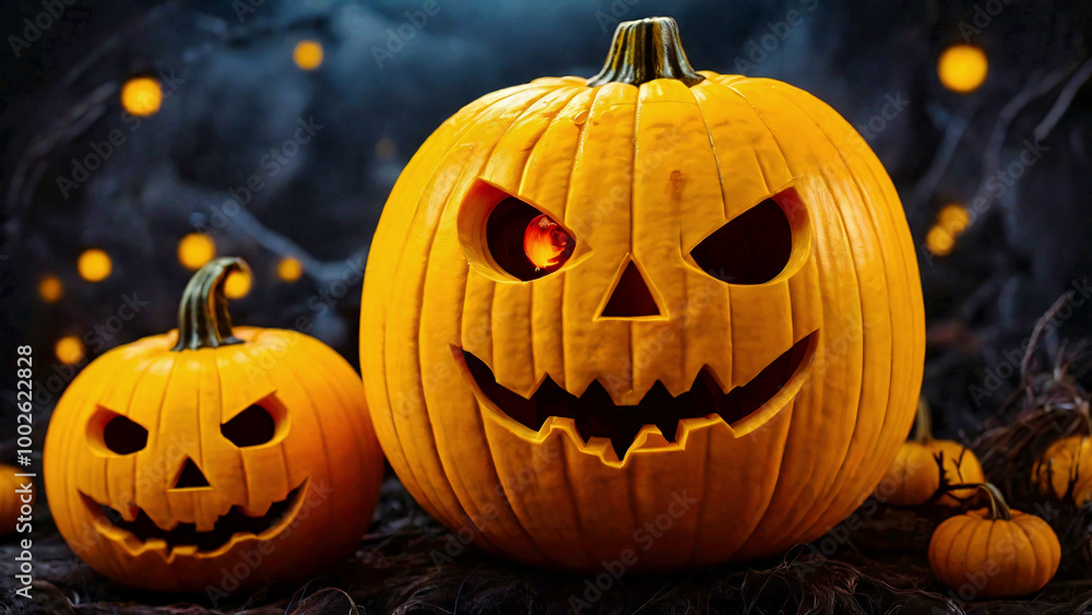 Fototapeta premium ハロウィン、黄色いカボチャと風景 
