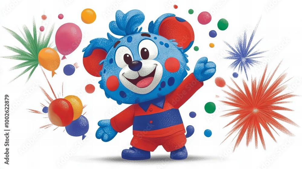 A cheerful blue and red cartoon character with big ears smiles and waves while surrounded by balloons and fireworks. A cheerful blue and red cartoon character with big ears smiles and waves while surrounded by balloons and fireworks.