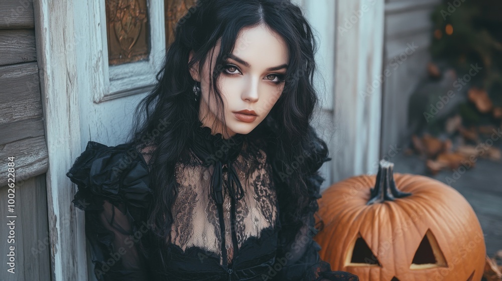 Dark Gothic Halloween Aesthetic with Pumpkins and Mysterious Girl Dark Gothic Halloween Aesthetic with Pumpkins and Mysterious Girl
