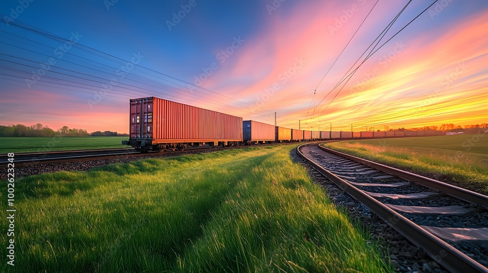A cargo train is moving along the tracks, carrying various goods such as containers and freight cars against a blue sky with white clouds A cargo train is moving along the tracks, carrying various goods such as containers and freight cars against a blue sky with white clouds