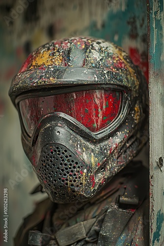 Paint splattered helmet with a gritty texture photo