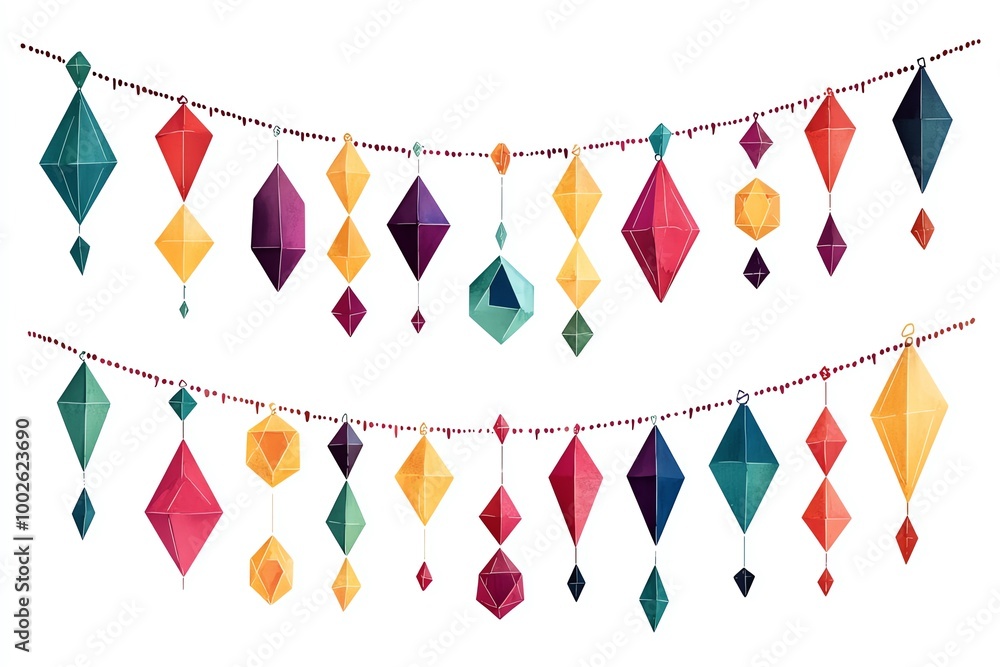 Colorful paper lanterns hanging on strings, white isolate background. Colorful paper lanterns hanging on strings, white isolate background.