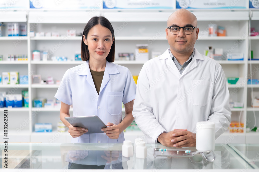 Fototapeta premium Asian professional male pharmacist using tablet checking drug list holding pill bottle A pharmacist checks the stock of medicines on the shelf with a female pharmacist standing and giving advice.