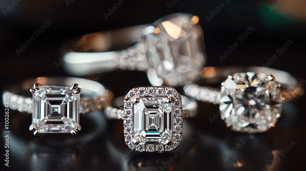Four stunning engagement rings featuring sparkling diamonds in various cuts and settings, perfect for showcasing elegance. Four stunning engagement rings featuring sparkling diamonds in various cuts and settings, perfect for showcasing elegance.