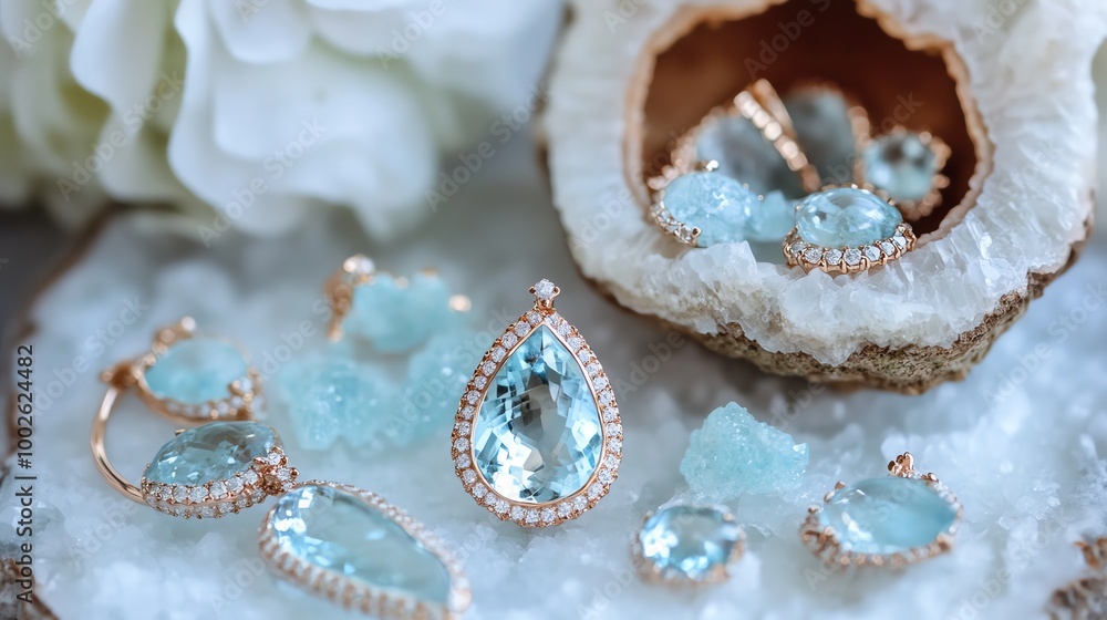 Stunning collection of aquamarine jewelry displayed on a natural stone surface, showcasing elegance and craftsmanship. Stunning collection of aquamarine jewelry displayed on a natural stone surface, showcasing elegance and craftsmanship.