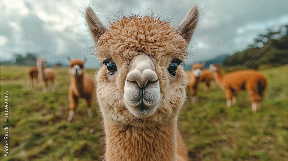 Obraz premium Close-up of a alpacas in a flock, looking at the camera, with other alpacas in the background, soft background, peaceful field landscape