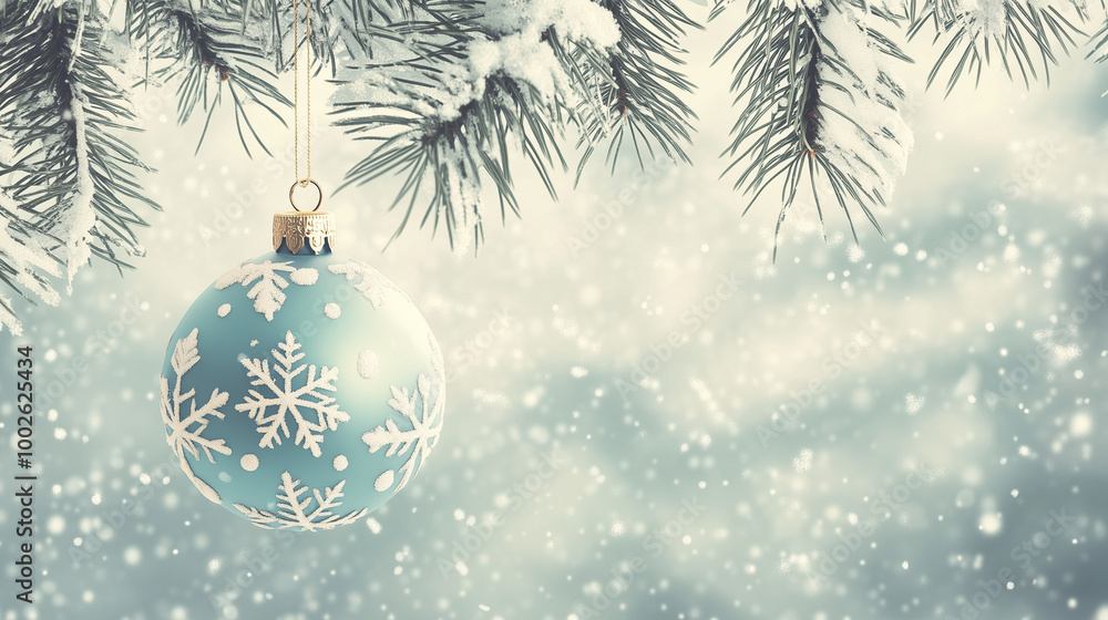 Christmas tree ornament with snowflakes hanging on snowy pine branches and winter background
Christmas tree ornament with snowflakes hanging on snowy pine branches and winter background
