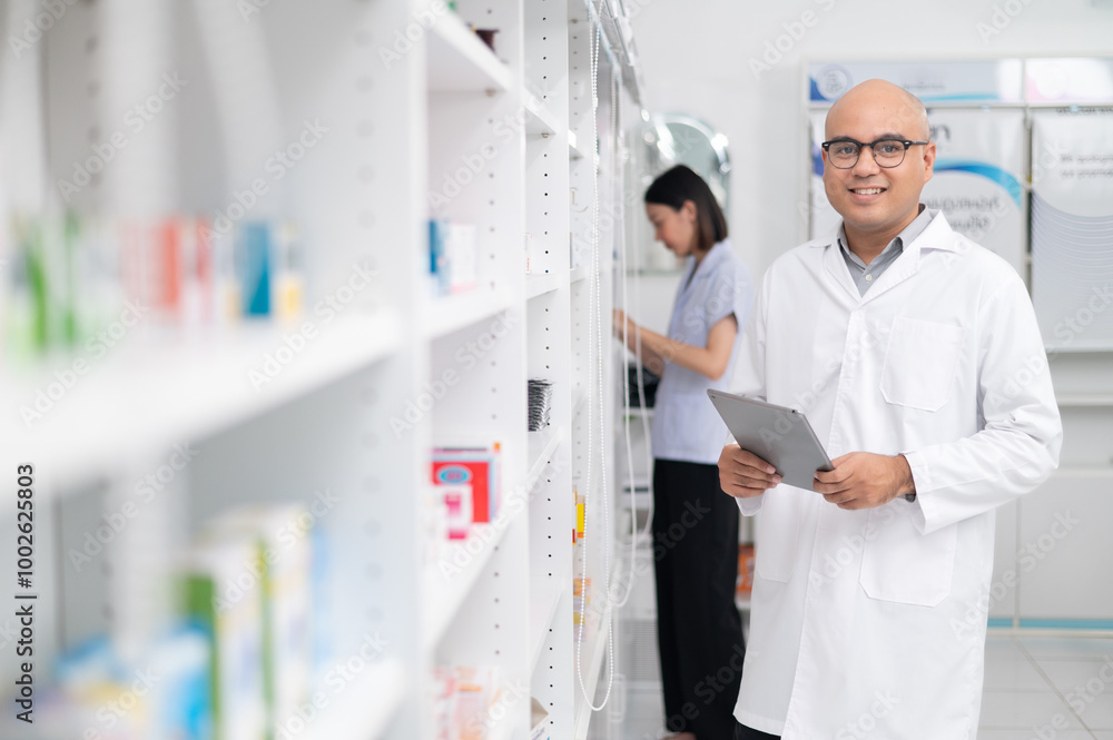 Obraz premium Asian professional male pharmacist using digital tablet computer checking drug list Pharmacist checking stock in pharmacy for health medicine in pharmacy with female pharmacist in the background