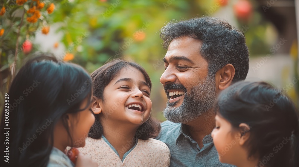 Fototapeta premium Joyful Family Moment: Smiling Father Embracing Children Outdoors