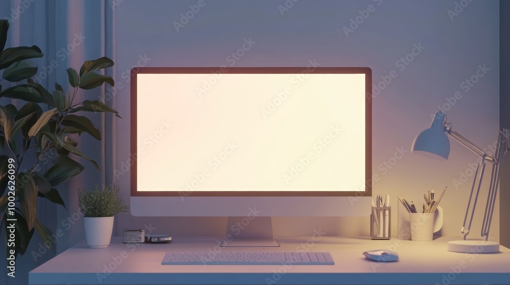 Blank computer screen on desk with lamp and plant, modern workspace concept, light background. 3D Rendering