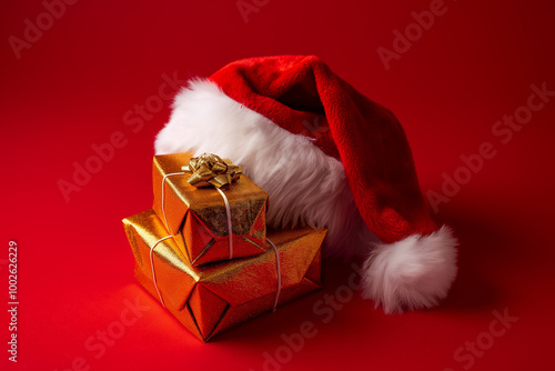 Christmas gifts with a red Santa hat stacked on top against a red background, festive holiday presents wrapped in shiny golden paper photo