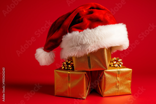 Christmas gifts with a red Santa hat stacked on top against a red background, festive holiday presents wrapped in shiny golden paper photo