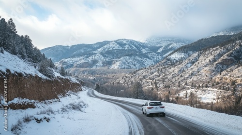 In winter, a white automobile travels through a mountain route that displays picturesque green mountains.