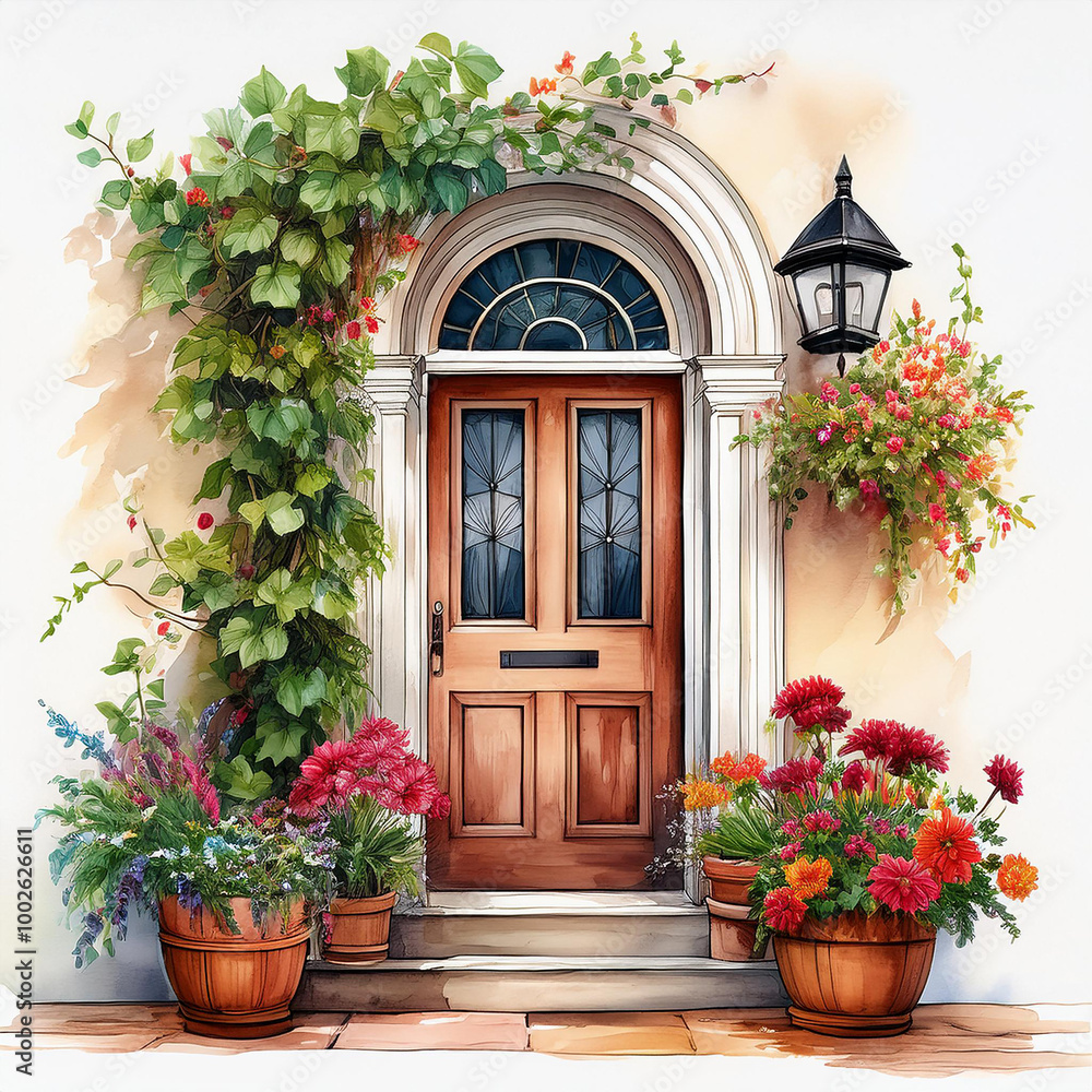 Fototapeta premium Watercolor painting of front porch with wooden door, beautiful flowers in pots. Blooming plants.