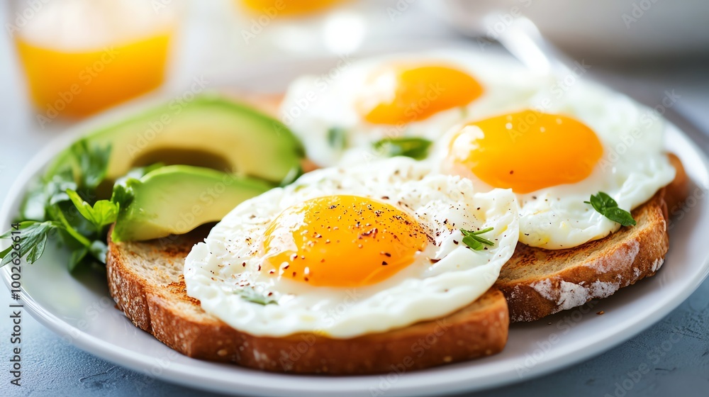 Fluffy scrambled eggs with herbs, served with whole grain toast and a side of fresh avocado, shot in soft, warm lighting, breakfast, simple and nutritious Fluffy scrambled eggs with herbs, served with whole grain toast and a side of fresh avocado, shot in soft, warm lighting, breakfast, simple and nutritious
