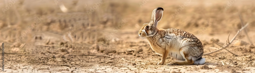 Desert Hare Blending into the Arid Ground Alert and Ready to Bolt in the Dry Landscape Desert Hare Blending into the Arid Ground Alert and Ready to Bolt in the Dry Landscape