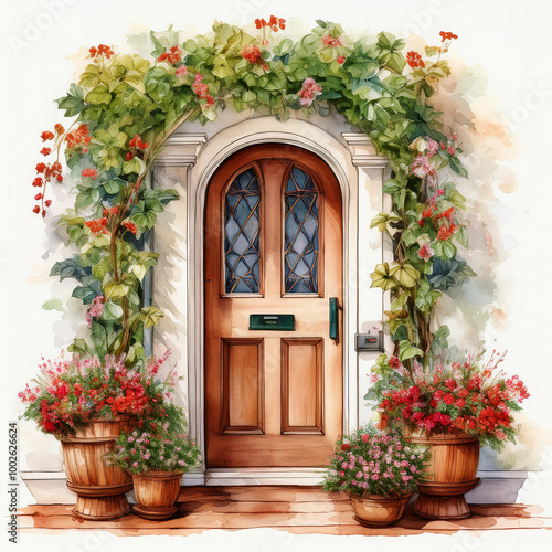 Watercolor painting of front porch with wooden door, beautiful flowers in pots. Blooming plants.