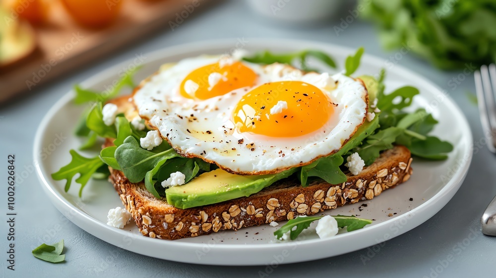 Smashed avocado on multigrain toast with poached eggs and a sprinkle of feta cheese, minimalist setup on a clean white plate, breakfast, trendy and healthy Smashed avocado on multigrain toast with poached eggs and a sprinkle of feta cheese, minimalist setup on a clean white plate, breakfast, trendy and healthy