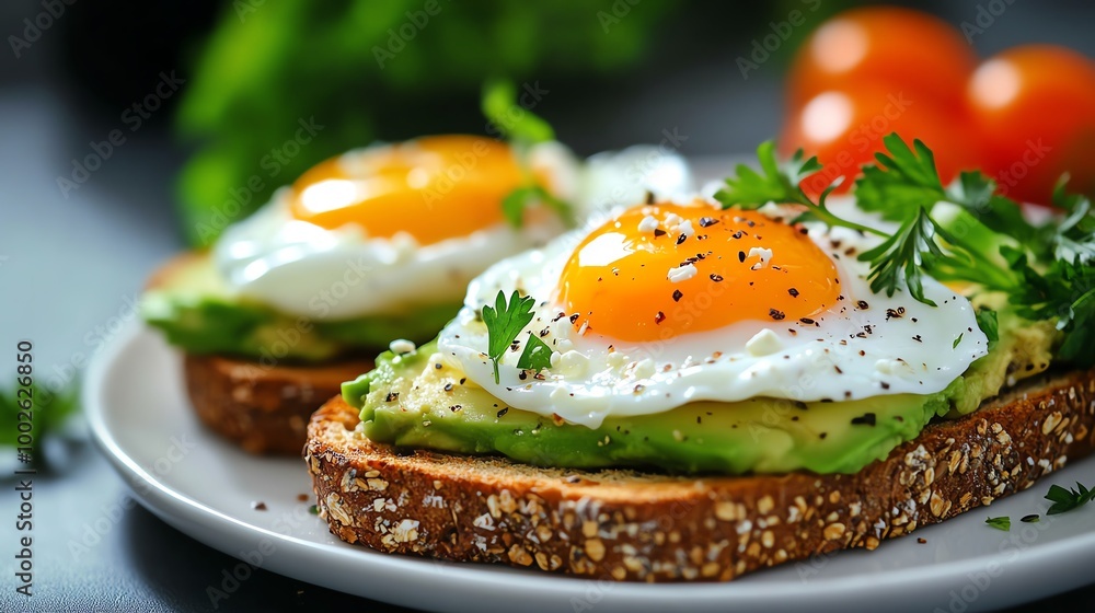 Smashed avocado on multigrain toast with poached eggs and a sprinkle of feta cheese, minimalist setup on a clean white plate, breakfast, trendy and healthy Smashed avocado on multigrain toast with poached eggs and a sprinkle of feta cheese, minimalist setup on a clean white plate, breakfast, trendy and healthy