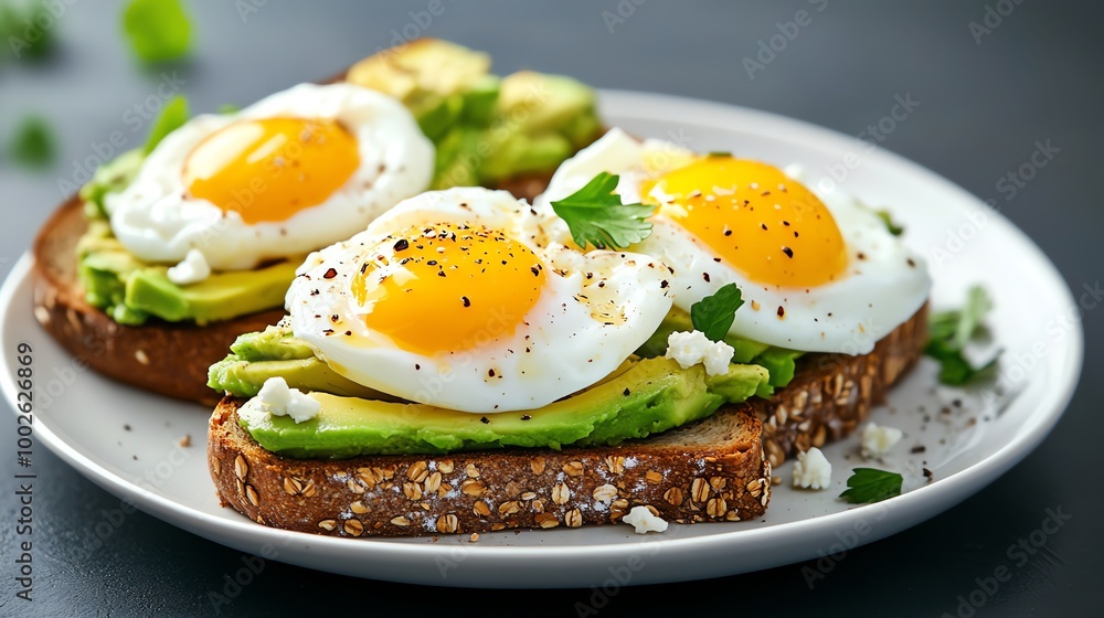 Smashed avocado on multigrain toast with poached eggs and a sprinkle of feta cheese, minimalist setup on a clean white plate, breakfast, trendy and healthy Smashed avocado on multigrain toast with poached eggs and a sprinkle of feta cheese, minimalist setup on a clean white plate, breakfast, trendy and healthy