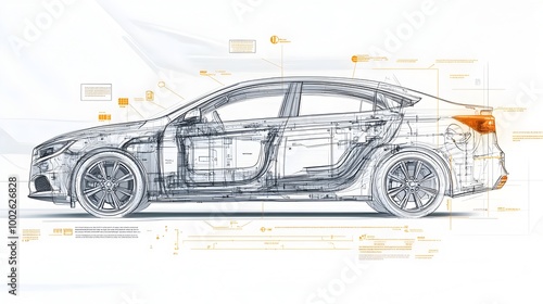 Detailed Blueprint of Futuristic Electric Hybrid Car Concept Design