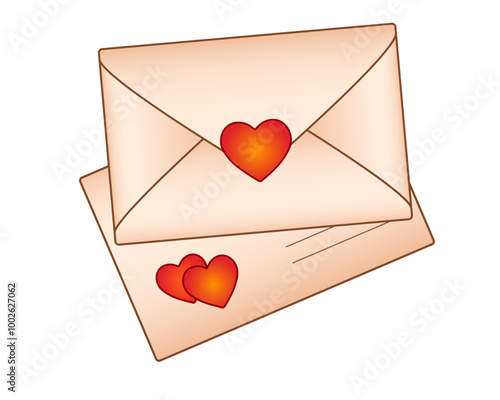Two envelopes with valentines - vector full color picture. Two envelopes from yellowish aged paper with red hearts - love letters. Illustration with love notes - Valentine's day	