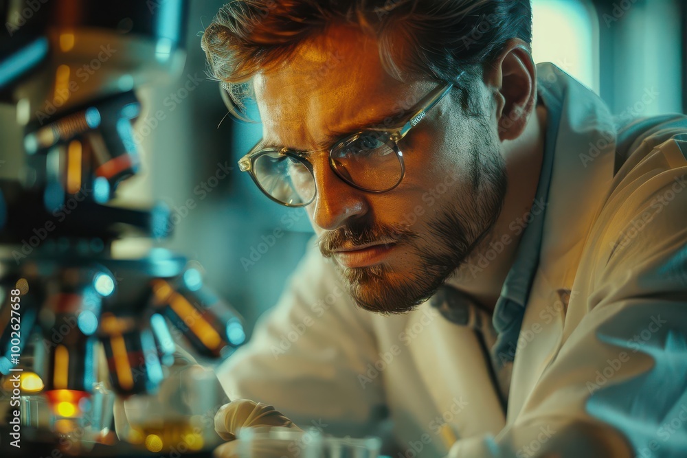 Focused scientist examining samples in laboratory setting. Focused scientist examining samples in laboratory setting.
