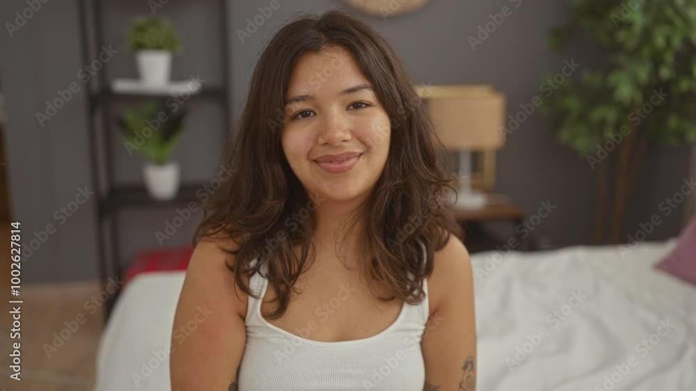A young, brunette, hispanic woman is sitting on a bed in a cozy bedroom within a house, smiling warmly at the camera. A young, brunette, hispanic woman is sitting on a bed in a cozy bedroom within a house, smiling warmly at the camera.