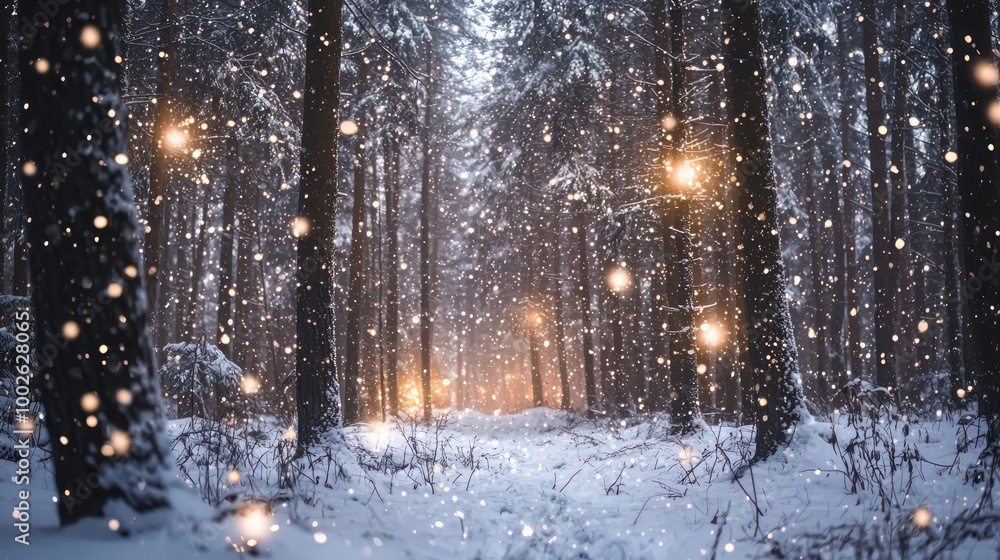 Winter night in a snowy forest with snow falling gently and the forest lit by soft lights and stars Winter night in a snowy forest with snow falling gently and the forest lit by soft lights and stars