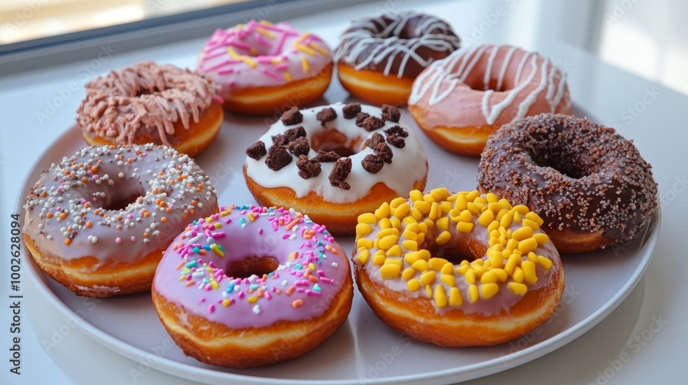 Donuts with a hole in the center, covered in various toppings, arranged on a plate, taken from above, with light from clear windows. Donuts with a hole in the center, covered in various toppings, arranged on a plate, taken from above, with light from clear windows.
