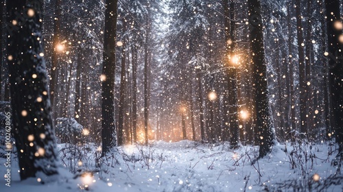 Winter night in a snowy forest with snow falling gently and the forest lit by soft lights and stars 