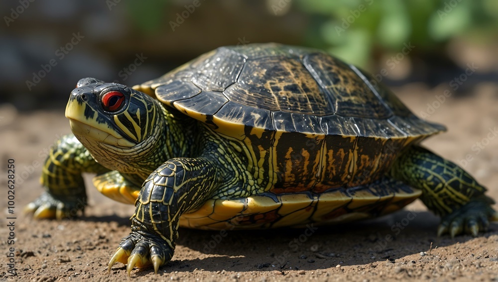 Red-eared slider turtle, popular pet species. Red-eared slider turtle, popular pet species.