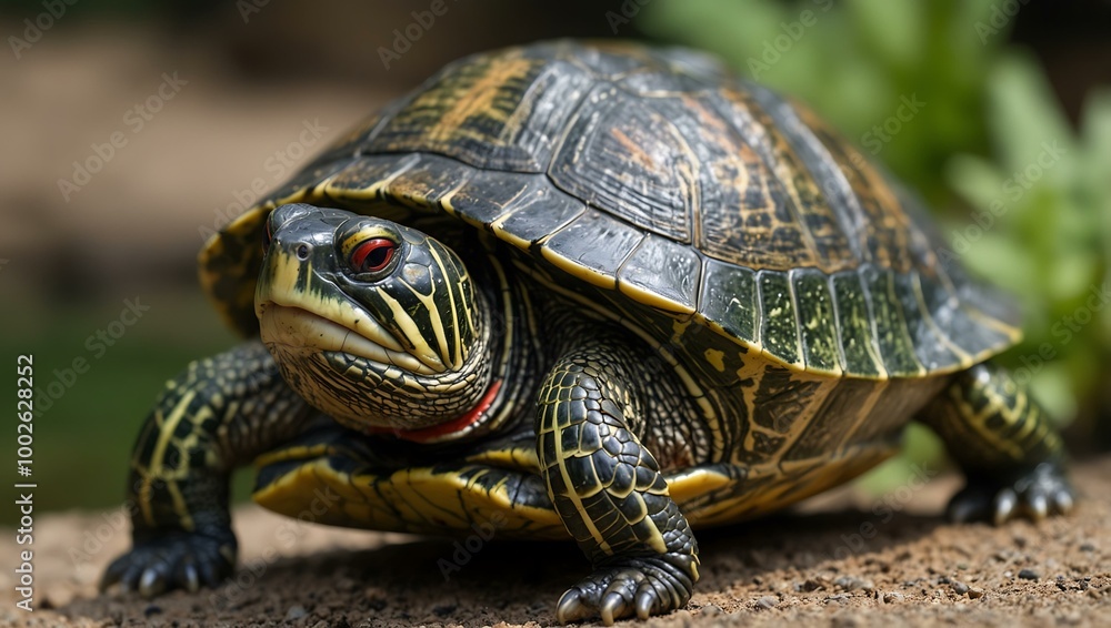 Red-eared slider turtle, popular pet species. Red-eared slider turtle, popular pet species.